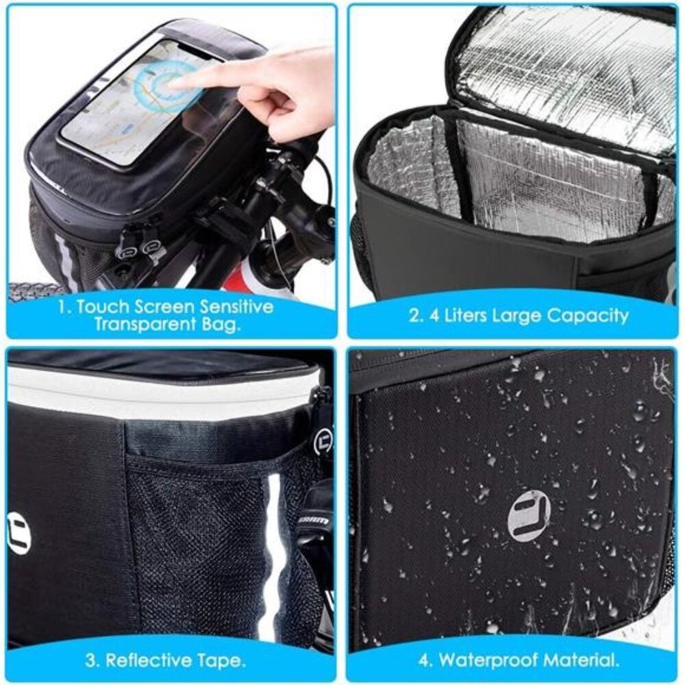 Bike Handlebar Insulated Bag, Bike Front Phone Bag Cooler Storage Pouch - Picture 2 of 7
